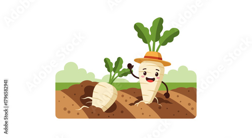 Friendly Parsnips In Patch: Animated Root Vegetables Character In The Garden