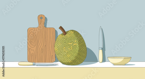 Freshly Prepared Jackfruit With Culinary Tools Ready For Consumption And Delight