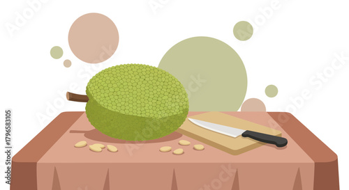 Freshly Prepared Jackfruit With Knife and Seeds, Ready for Culinary Delights or Recipes