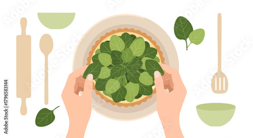 Freshly Prepared Spinach Tart Being Arranged for Artistic Culinary Presentation