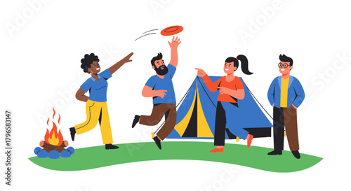 Friends Enjoying Camping, Playing Games and Having Fun Near Campfire in Nature