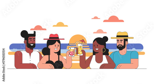 Friends Enjoying Cocktails And Sunset Beach Scene With Vacation Vibes And Animation