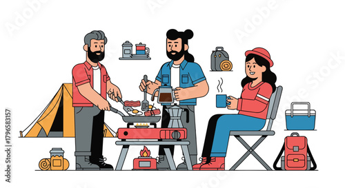 Friends Enjoying Camping While Preparing Food And Drinks In Delightful Outdoors