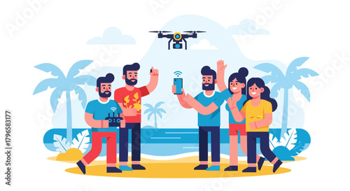 Friends Enjoying Drone Technology at Seaside with Palms, A Fun Sunny Day