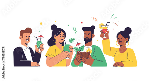 Friends Enjoying Colorful Cocktails At A Celebration Party With Delicious Drinks