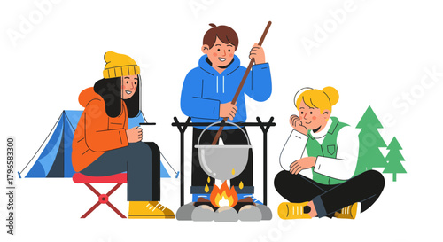 Friends Gather Around Campfire Enjoying Cooking Outdoors During a Weekend Adventure