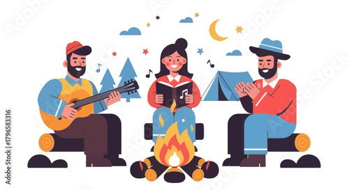 Friends Gather Around Campfire Playing Music And Reading Story At Night