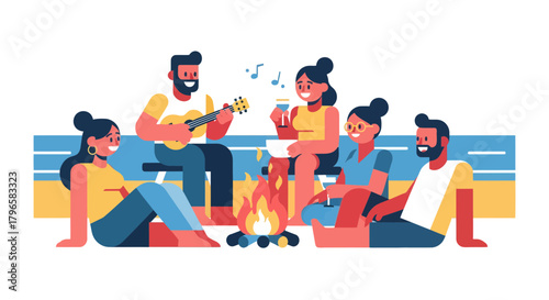 Friends Gather Around Campfire Under The Stars Enjoying Music And Drinks
