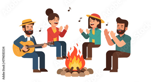Friends Gather Around Campfire, Enjoying Music and Laughter Under The Stars, Having Fun