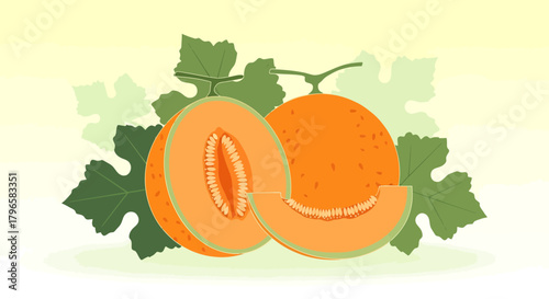Freshly Sliced Cantaloupe And Lush Green Leaves Set Against A Creamy Off-White Backdrop