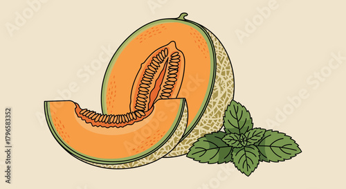 Freshly Sliced Cantaloupe And Mint Leaves Illustration For Culinary Or Dietary Concepts
