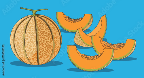 Freshly Sliced Cantaloupe And Whole Melon Isolated On A Cyan Blue Background