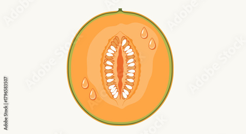 Freshly Sliced Cantaloupe Illustration Showcasing Internal Structure and Refreshing Juice Droplets