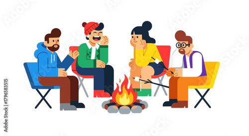 Friends Gathering Around A Cozy Campfire, Roasting Marshmallows, Sharing Conversations