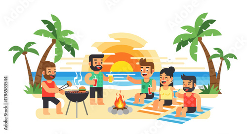Friends Gathering For A Beach Party Illustration During Sunset With Food And Drinks
