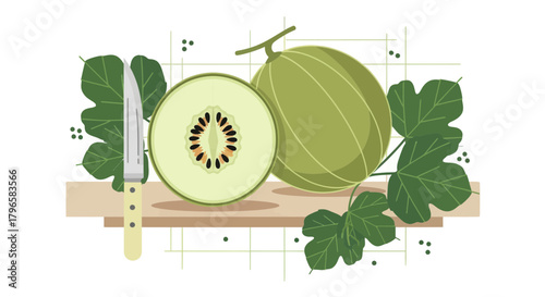 Freshly Sliced Cantaloupe Illustration, Showing The Interior Seed Arrangement, Ready To Eat Food