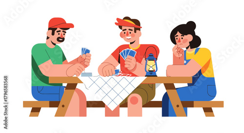 Friends Gathering For Playing Cards Game And Having Fun Together At Picnic Table