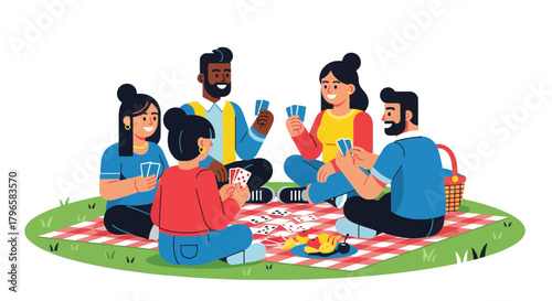Friends Gathering For A Picnic On A Blanket While Playing Cards With Fruity Snacks