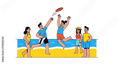 Friends Playfully Enjoying Beach Time and Frisbee Throwing on a Sunny Summer Day