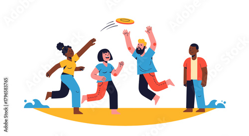 Friends Play With A Frisbee On The Beach In Happy Mood And Wonderful Weather