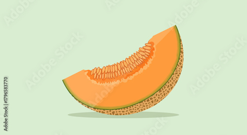 Freshly Sliced Cantaloupe Segment With Seeds Over A Soft Pale Green Background