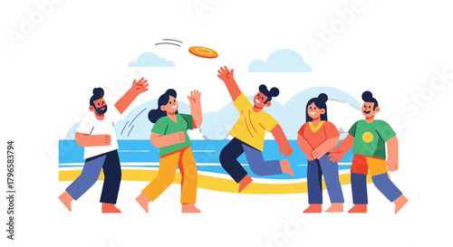 Friends Play With A Frisbee On The Beach In Playful Summer Illustration