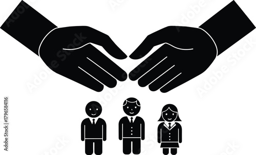 Protection care icon, hands shielding people, corporate safety vector, social responsibility graphic, support symbol design, insurance security illustration