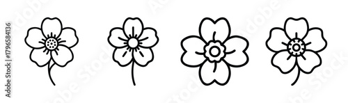 Set of four delicate line art japanese anemone flowers with petals and stems