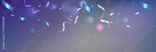 Purple Confetti and ribbons celebration party design element, Falling shiny purple confetti isolated on transparent