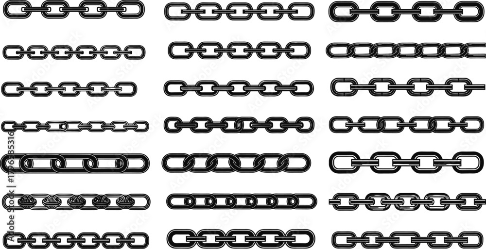 Obraz premium Chain link set, black white vector, industrial chain designs, metal link patterns, security hardware, jewelry chains, engineering illustration, CAD drawing