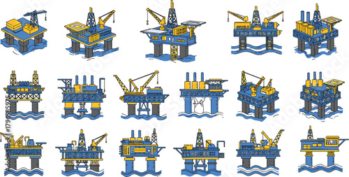Offshore oil rigs, drilling platforms, marine engineering, petroleum infrastructure, ocean industry, energy extraction, industrial design, stylized illustration, blue yellow gray