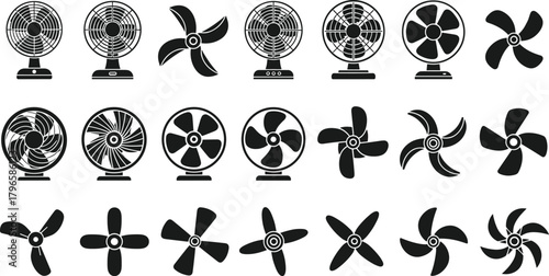 Fan icons set, desk fans, ceiling fan blades, propeller designs, black and white vector, cooling equipment, airflow symbols, home appliances