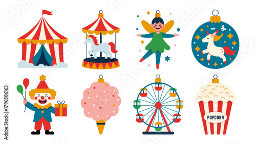 Festive Fair Ornaments: A vibrant collection of carnival-themed ornaments, each adorned with whimsical designs of a circus tent, carousel, fairy, unicorn, clown, cotton candy, Ferris wheel.