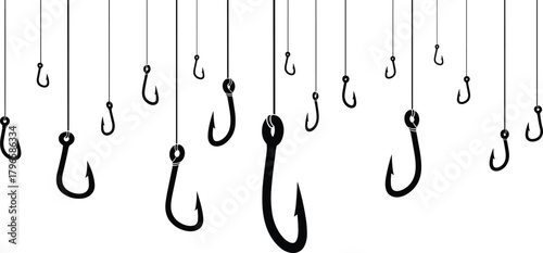 Fishing hook collection hanging assortment of varied sizes silhouettes on lines scattered composition bait temptation cad drawing flat vector illustration