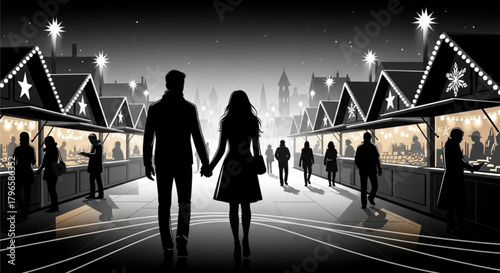 Silhouette of a romantic couple holding hands and walking together at night.