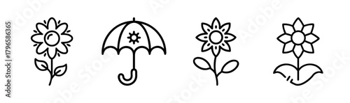 Simple line art icons of flowers and an umbrella for designs and symbols