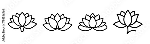 Set of four stylized lotus flowers with delicate petals and stems in a line