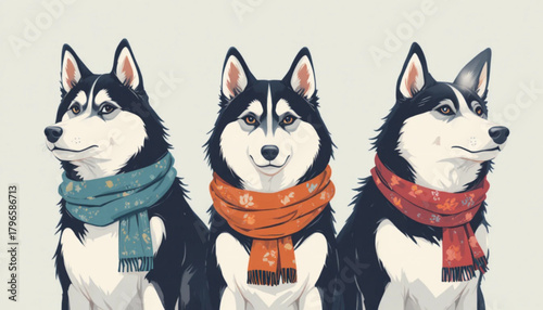 Illustration of a dog wearing a flat colored scarf on a plain background 