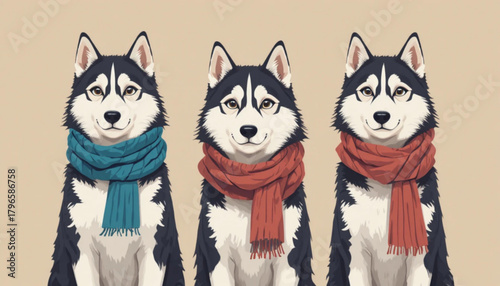 Illustration of a dog wearing a flat colored scarf on a plain background 