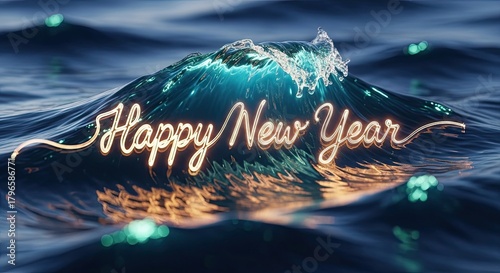 Fototapeta Naklejka Na Ścianę i Meble -  Happy New Year glowing text on a wave crashing in the ocean