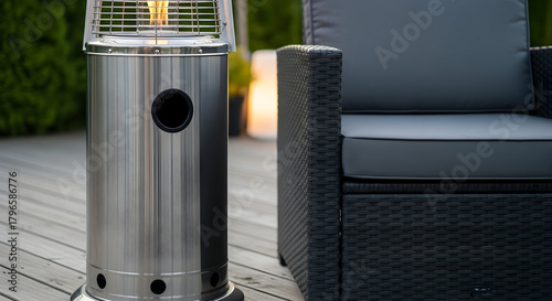 Modern outdoor patio heater and dark wicker furniture create an inviting space perfect for relaxation and cozy evenings with friends and family