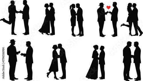 Romantic couple silhouette set, love pose vector, affectionate gesture design, relationship illustration, emotional connection graphics, Valentine theme collection