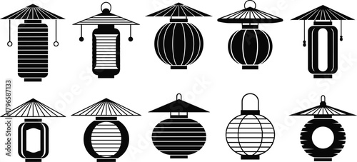 Traditional Asian lantern set, black and white vector, festival decor icons, cultural celebration, hanging lamps, minimal line art, CAD drawing