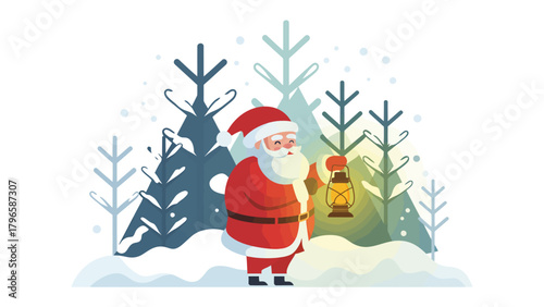 Santa's Snowy Sojourn: Santa, a symbol of Christmas, navigates a serene, snowy landscape adorned with stylized Christmas trees and a warming lantern, exuding holiday cheer.