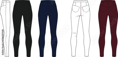 Skinny jeans illustration, fashion design template, technical garment sketch, back and side view, denim pants, vector apparel mockup, editable