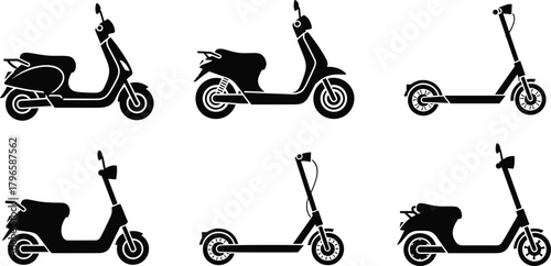 Vintage scooter and modern electric kick scooter silhouettes set, motorized and standing, urban commute icons cad drawing flat vector illustration