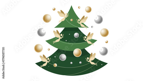 Enchanted Holiday Cheer: An illustrated Christmas tree, adorned with delicate golden fairies and sparkling ornaments, evokes a sense of festive wonder and joy.