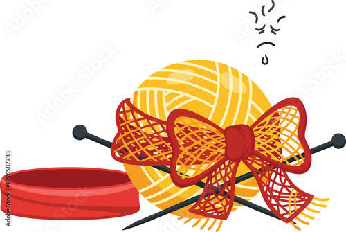 Sad Yarn Ball Illustration, Knitting Needles and Bow, Emotional Craft Icon, Cartoon Style Design, Handmade Hobby Symbol, Vector Art