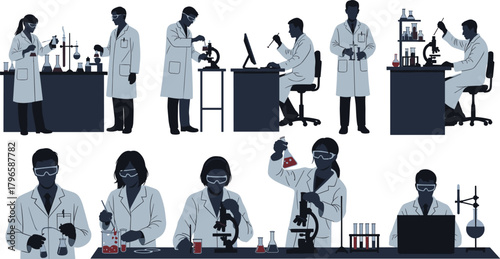 Scientist silhouette set, laboratory research icons, black vector designs, experiment tools, microscope analysis, teamwork in lab\