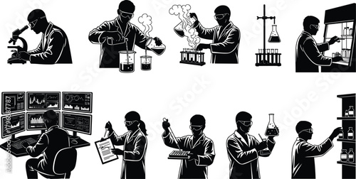 Scientific experiment silhouette set, laboratory research icons, black vector designs, chemical reactions, microscope analysis, data collection, science technology graphics